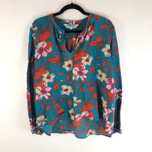 Single Los Angeles Hi-Lo Blouse Floral V Neck Long Sleeve Pullover Blue XL